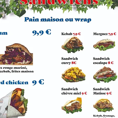 Menu d'un restaurant qui propose des sandwichs