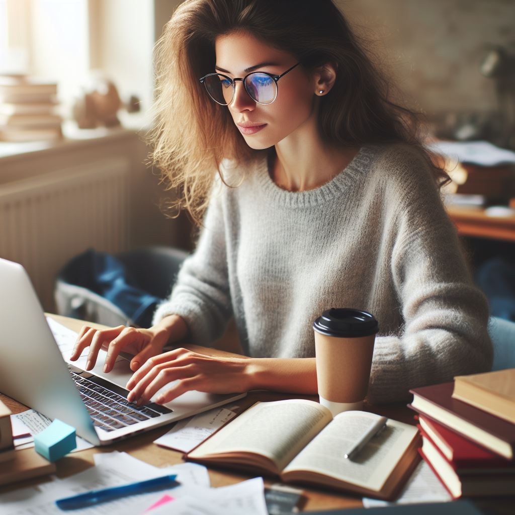 Femme qui travaille devant son ordinateur avec ses affaires éparpillées sur la table.