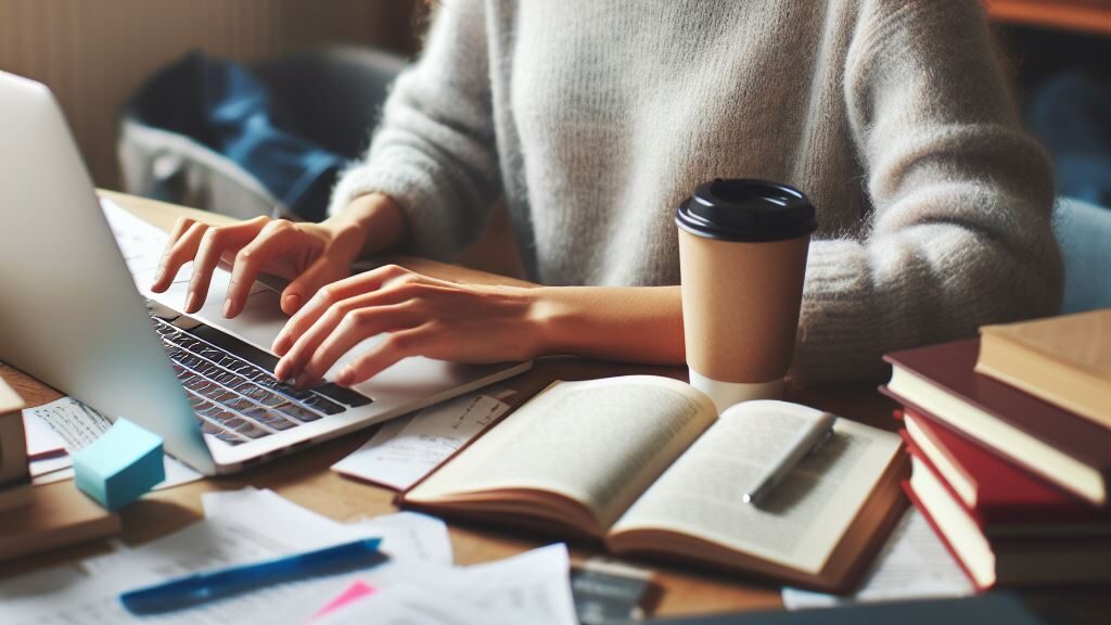 Femme qui travaille sur son ordinateur portable avec ses affaires éparpillées partout sur la table