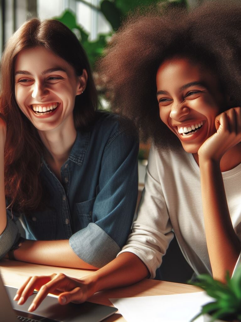 Deux femmes souriante devant un ordinateur portable