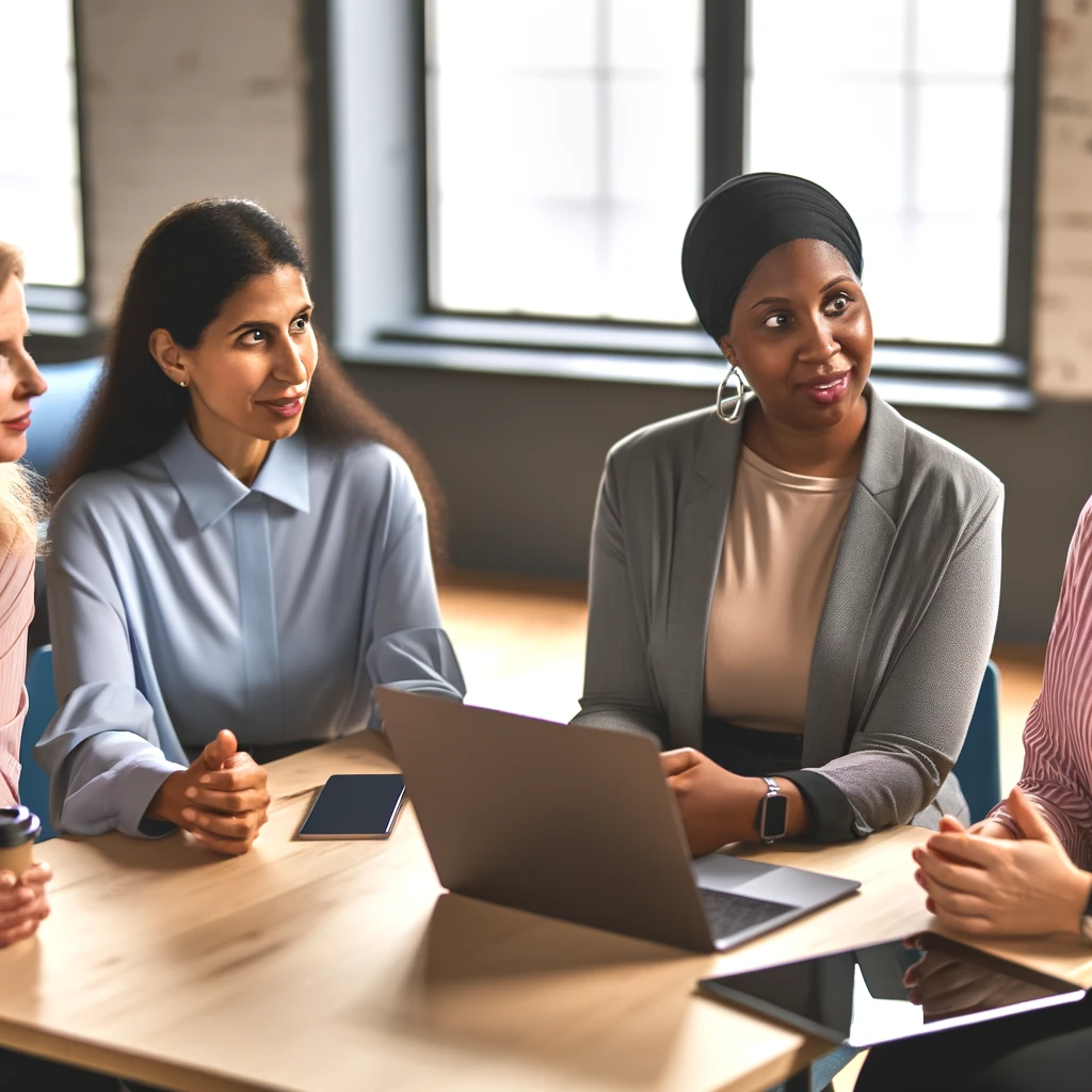 Groupe de femmes en réunion autour d'une table sur l'audit de communication (stratégie) et qui écoutent la personne qui parle.