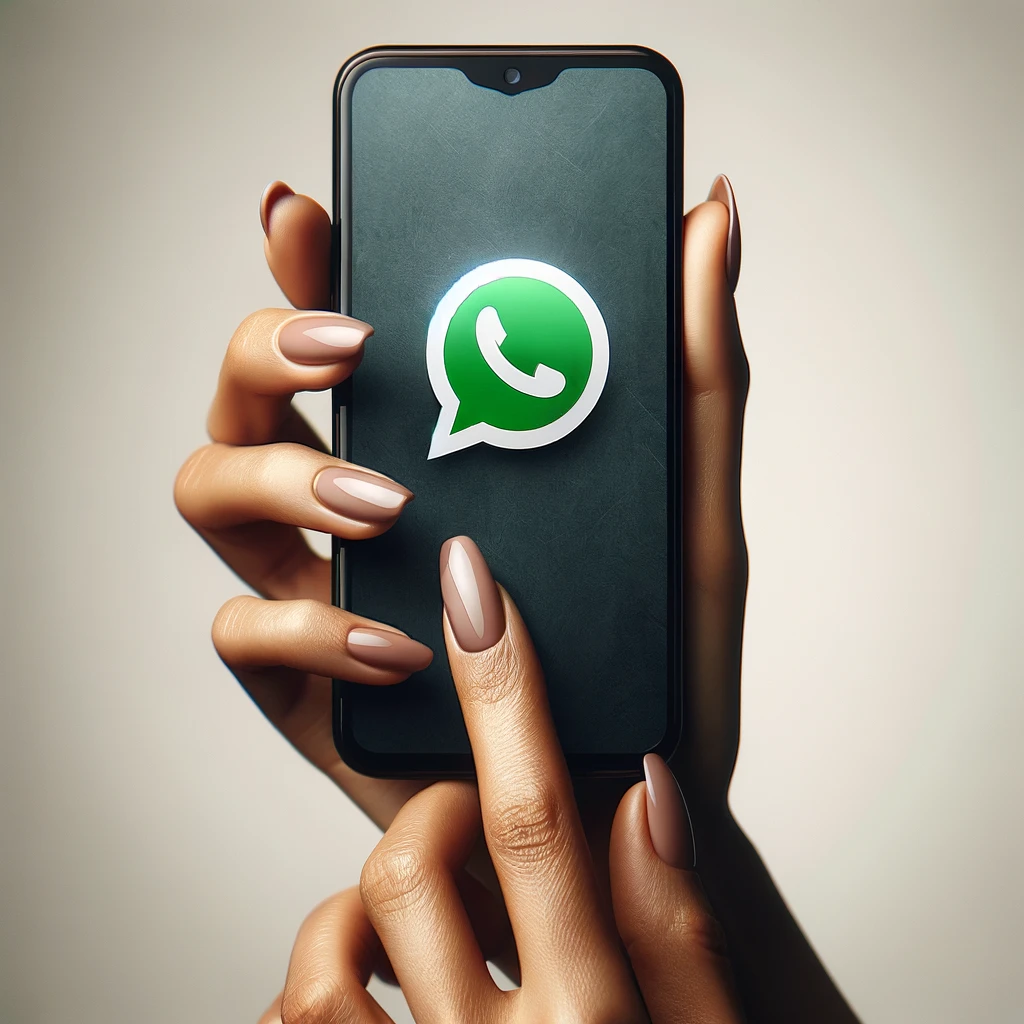 Une main qui tient un téléphone avec le logo WhatsApp