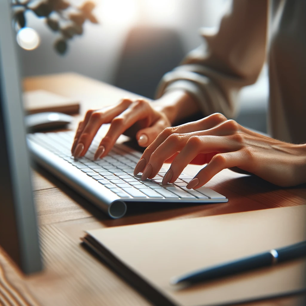 Photo de mains qui tape sur un clavier à côté de ce clavier il y a un bloc note avec un stylo.