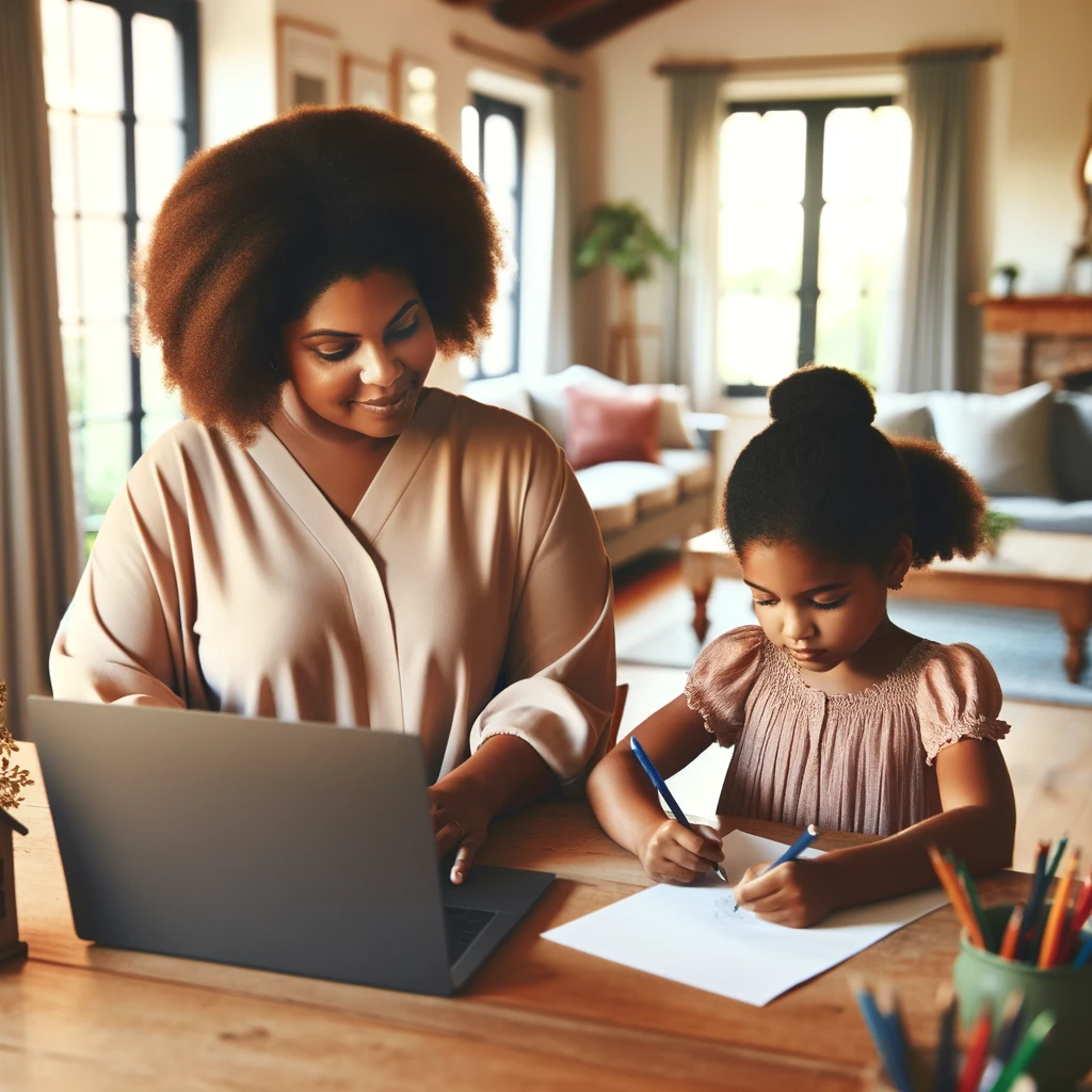 Organiser sa vie pro et perso : une maman qui supervise sa fille lorsqu'elle fait ses devoirs