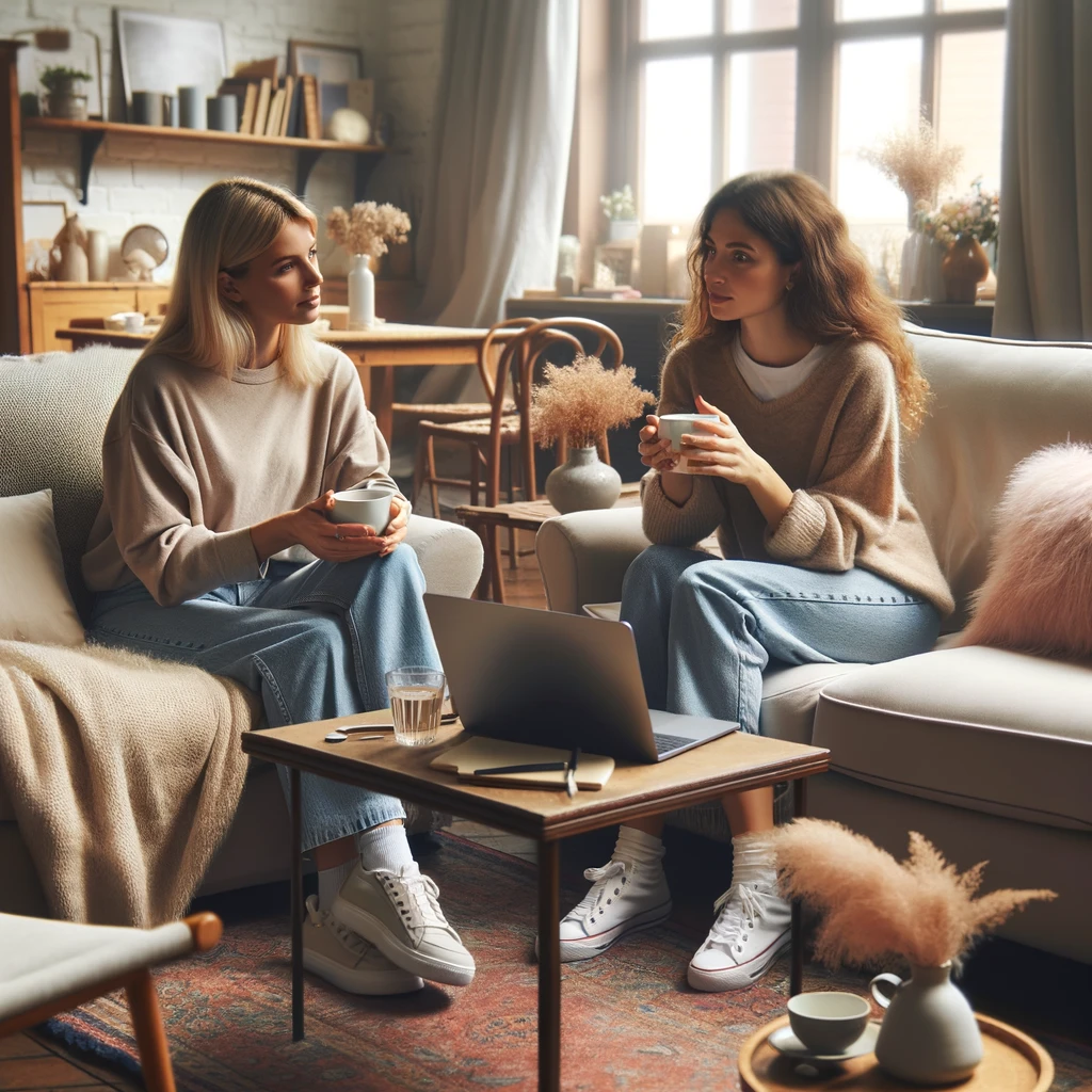 Deux femmes sur un canapé et discutent autour d'un café